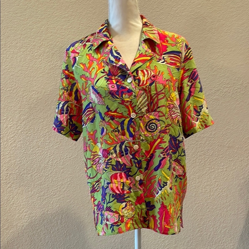 Green Pink Yellow Silk Button Down Shirt with Tropical Print Sz M